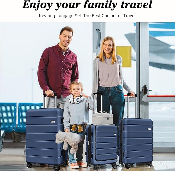 SmileLine 3-Piece Luggage Set Lightweight Hardside Suitcase TSA Lock Spinner Wheels, 20" Expandable Carry-On Luggage with Quick Access Front Open Pocket, Bonus Makeup Bag, Navy Blue