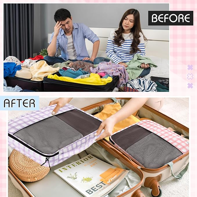 5 Pcs Packing Cubes for Suitcase Large Travel Cubes Carry on Luggage Organizer Bags for Clothes Accessories(Mixed,Plaid)