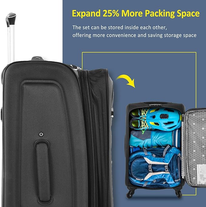 Softside Luggage Sets 3 Piece - 20" Carry-On, 24” & 28” Checked Luggage Set, Expandable Luggage Lightweight Suitcase with Spinner Wheels & TSA Lock for Family Extended Travel (Black)