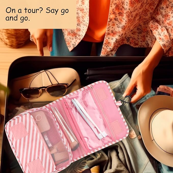 Foldable Hanging Travel Toiletry Bag,Waterproof Portable Travel Bags, Multifunction Travel Makeup Cosmetic Bag Organizer with Hanging Hook (Pink Stripe)
