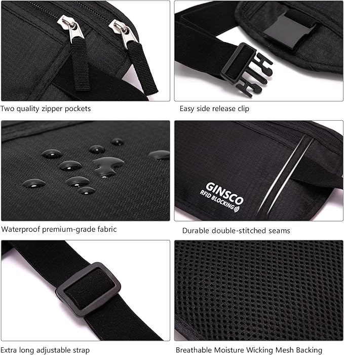 Money Belt for Travel Women Hidden Ginsco Slim RFID Blocking Passport Holder Unisex Travel Money Belt Under Clothes Anti Theft Travel Hidden Wallet for Travelling Workout Running Black 11''