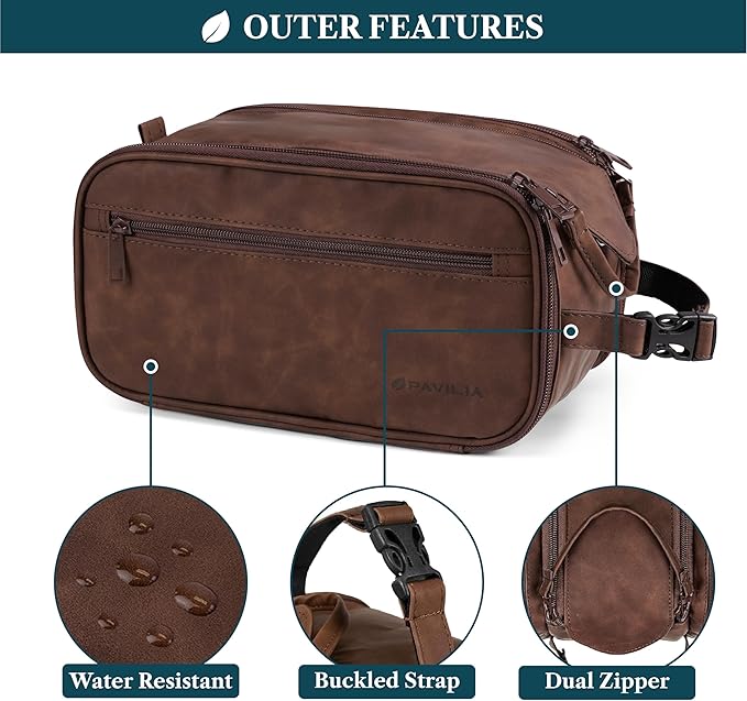 PAVILIA Large Toiletry Bag for Men Women, Mens Travel Bag Toiletries Organizer Case for Grooming, Travel Essentials Shaving Dopp Kit, PU Leather Water Resistant Cosmetic Pouch, Dark Brown