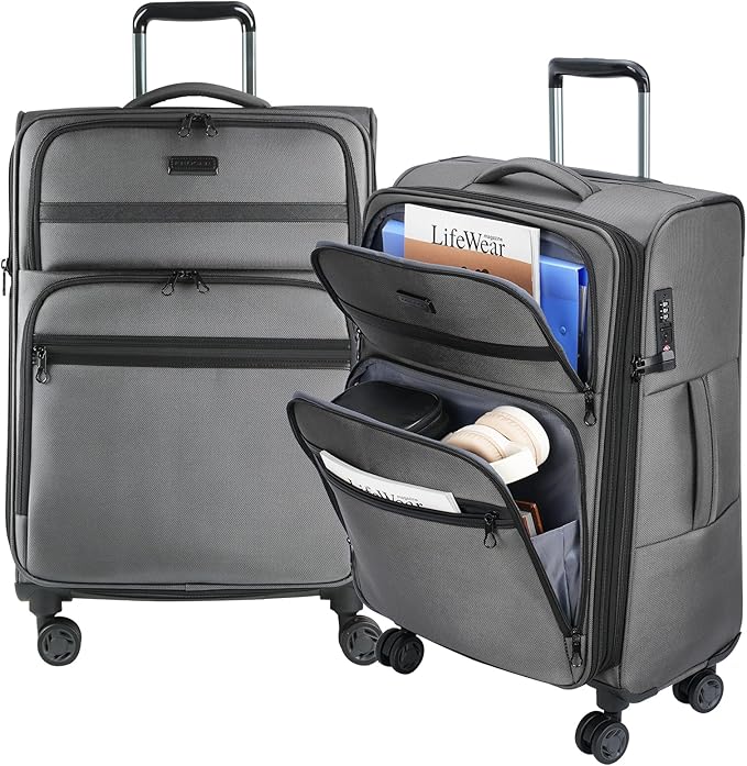 KROSER Softside Expandable checked Luggage with Front Business Pockets，24 Inch Suitcases with Spinner Wheels & Built-in TSA Lock, Durable Suitcase Rolling Luggage, Grey