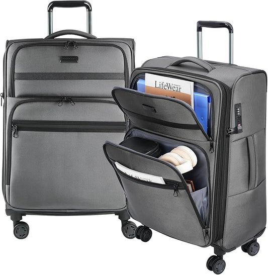 KROSER Softside Expandable checked Luggage with Front Business Pockets，24 Inch Suitcases with Spinner Wheels & Built-in TSA Lock, Durable Suitcase Rolling Luggage, Grey