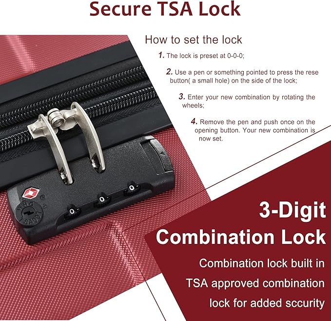 24 Inch Checked-Large Luggage, Lightweight ABS Hard Shell Suitcase with Spinner Wheels, Expandable Travel Luggage with Combination Lock & Side Hooks for Men Women, Red
