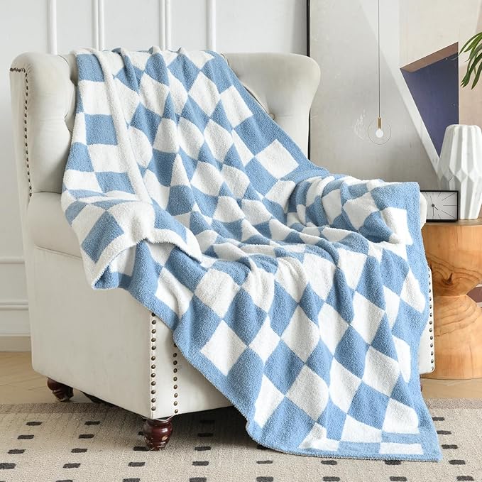 Checkered Blanket, Cozy Soft Throw Blankets for Couch Bed, Fluffy Plaid Lightweight Comfy Travel Picnic Blanket Gifts for Sofa Chair Living Room Camping (Blue, Twin 60"x80")