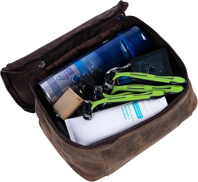 KomalC Leather Toiletry Bag For Men & Women, Handcrafted Travel Kit, Water-Resistant Shaving Bag For Men Travel, Premium Rustic Toiletry Pouch with Zipper Closure (1 Zip Hunter)