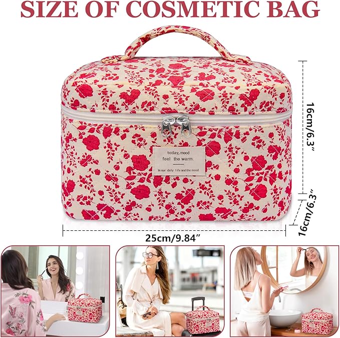 Large Makeup Bag, Cute Cosmetic Bag for Women Girls, Floral Coquette Aesthetic Toiletry Bag, Travel Make Up Organizer Bag (Pink Rose)