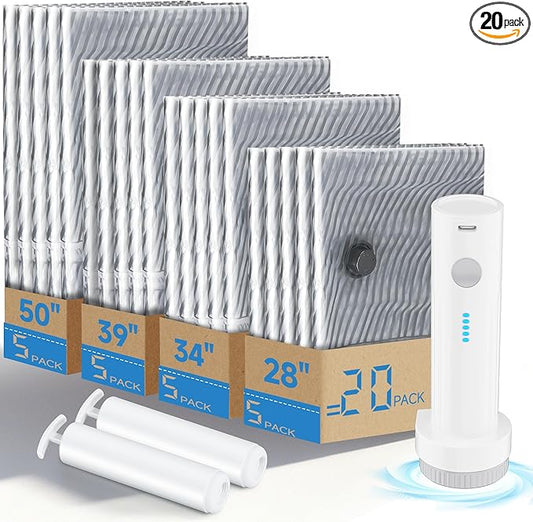 20 PCS Vacuum Seal Bags for Clothing with Electric Air Pump, Compression Space Saver, Vacuum Storage Bags for Luggage, Travel, Blankets, Pillows, Bedding and Moving, Hand Pump Included