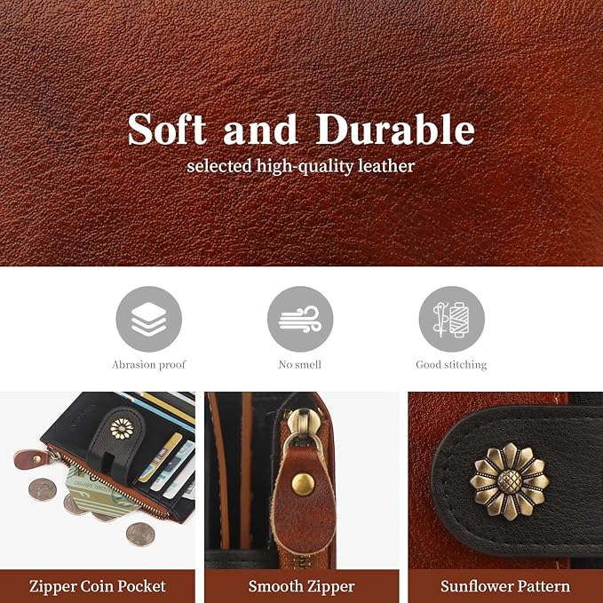 Leather Wallet Women,RFID Blocking Womens Wallet Bifold Compact Small Wallet for Women Card Holder with Zip Coin Pocket Brownblack