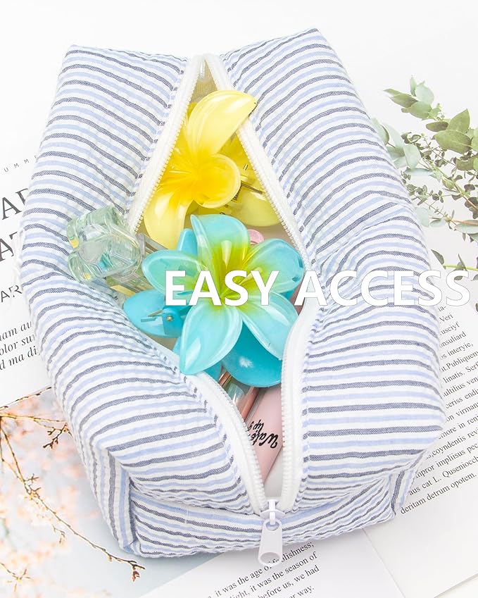 PAZIMIIK Cozy Makeup Bag Small Aesthetic Travel Zipper Cosmetic Pouch for Women Make Up Beauty Accessories Brushes, Stripe Blue Mix