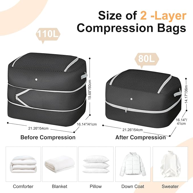 Comforter Storage Bag - 110L Large Capacity Blanket Storage Bags 2-Layer Ultra Space Saving Self Compression Organizer, Washable Compression Bags for Storage Comforter Blanket, 6-Pack, Black