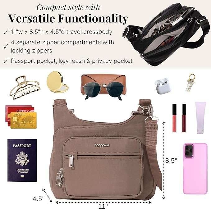 Baggallini Securtex Anti-theft Crossover Crossbody Bag 11”w X 8.5”h, Rfid, Built-in Wallet, Locking Zippers