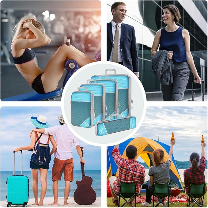 NiHome 7PCS Compression Packing Cube Set Expandable Mesh Travel Bag Luggage Organizers with Electronic Cable Cord Charger Organizer Drawstring Bag for Trip Home Storage Travel Gear Accessories (Blue)