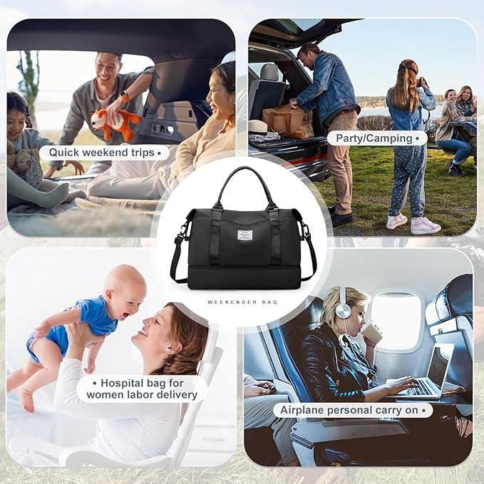 Weekender Bags for Women,Travel Duffel Bags with Shoe Compartment & Wet Pocket,Personal Item Travel Bag for Airlines,Carry on Overnight Tote Bag for women,3Pcs Set，Black