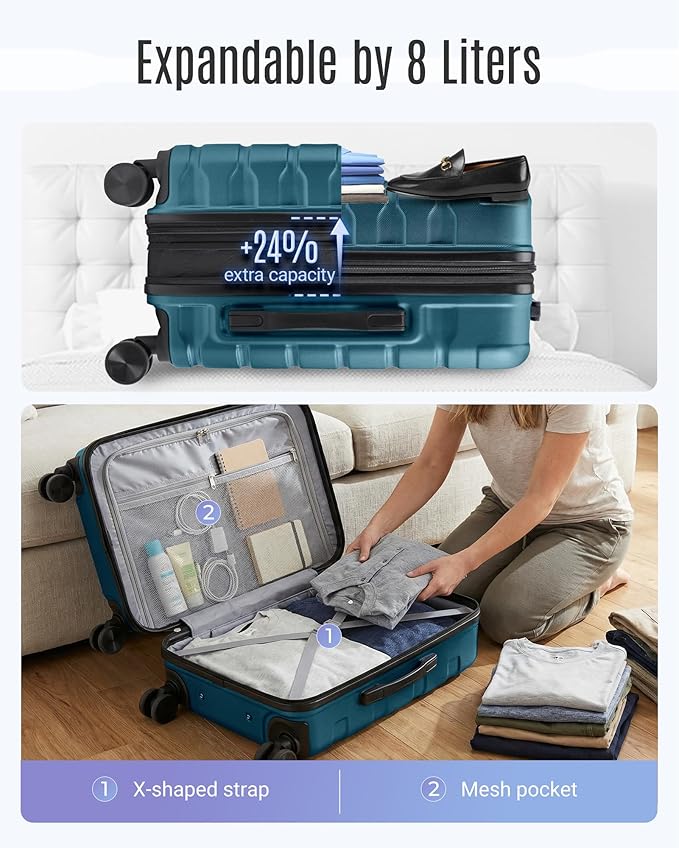 LIGHT FLIGHT Carry On Luggage 22x14x9 Airline Approved, Expandable Carry On Suitcases with Wheels, Lightweight Luggage, Durable Hard Shell 20 Inch Rolling Suit Case for Men Women Travel,Teal Blue
