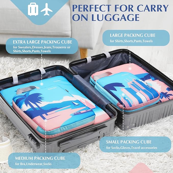 Gonex Compression Packing Cubes, 4pcs Expandable Storage Travel Luggage Bags Organizers, Travel Cubes for Suitcase Carry On (Coconut Palm)