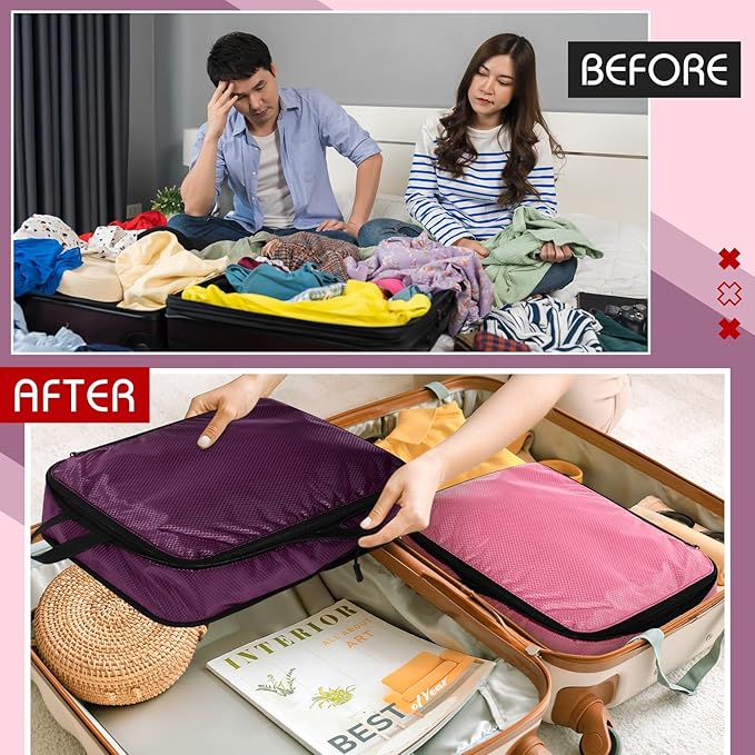 5 Pack Compression Packing Cubes for Travel Space Saving Cubes Luggage Organizer for Suitcase(Purple,L)