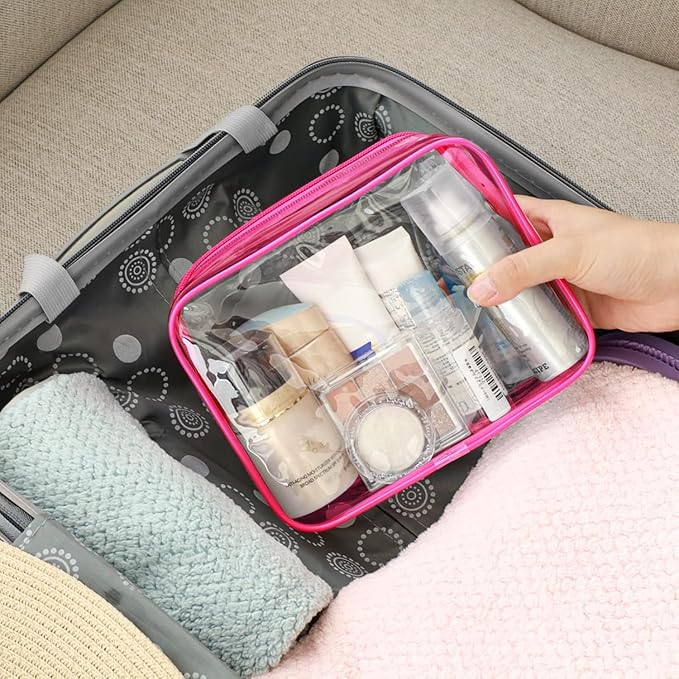 F-color TSA Approved Toiletry Bag 3 Pack Medium - Clear Makeup Bag Travel Quart Size for Women Men, Clear Cosmetic Bag Airport Airline Compliant Carry on Bag, Rose Red