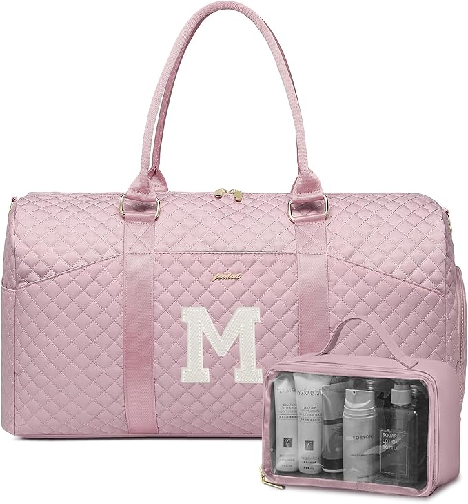 Women Weekender Travel Duffle Bag: Initial Duffel Overnight Bags with Shoe Compartment Large Carry on Tote with Toiletry Bag Weekend Traveling Yoga Gym Hospital Bag for Women with Wet Pocket Letter M