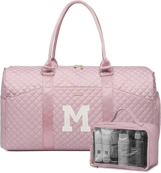 Women Weekender Travel Duffle Bag: Initial Duffel Overnight Bags with Shoe Compartment Large Carry on Tote with Toiletry Bag Weekend Traveling Yoga Gym Hospital Bag for Women with Wet Pocket Letter M
