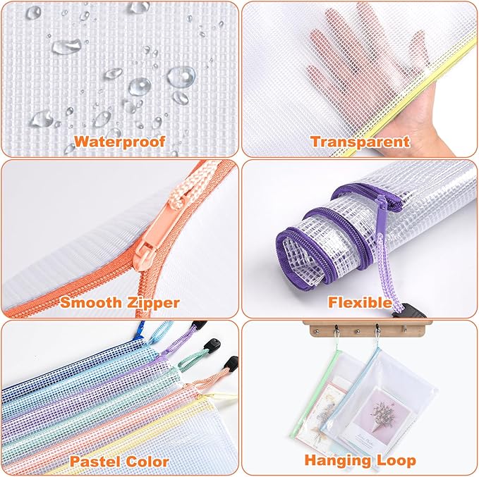 Mesh Zipper Pouch Bags: Clear Zipper Pouches for Classroom, Plastic Board Game Organizer and Storage, Multisize Clear Zipper Bags Waterproof for School and Office Supplies (6 Size, 12PCS, 6 Color)