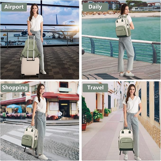 Laptop Backpack for Women Work Bag - Fits 17.3 Inch Laptop Bag Travel Work Backpack Anti-theft Bags with USB Charging Business Computer Waterproof Backpack Purse for Nurse Teacher Beige Light Green