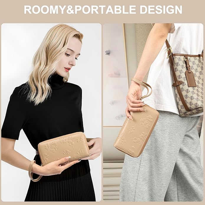 yiijay Womens Wallet RFID Blocking Large Capacity Vegan Leather Double Zip Wristlet Wallet Card Holder Travel Ladies Clutch