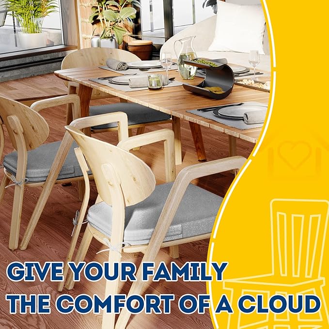 AAAAAcessories D-Shaped Chair Cushions, 2" Thick Dining Chair Pads with Ties and Removable, Machine-Washable Cover, 17" x 16", Set of 4, Light Gray