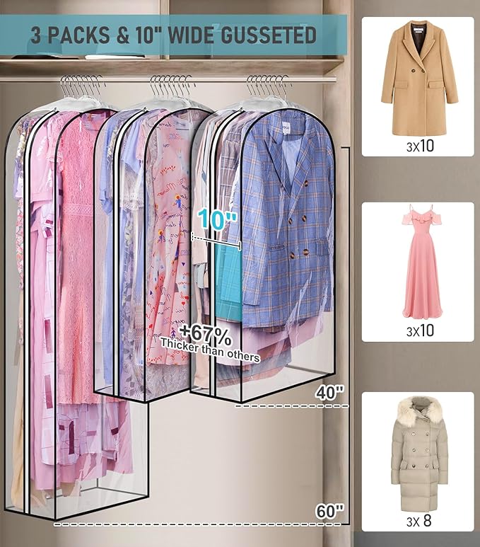 MISSLO 10" Gusseted All Clear Garment Bags for Hanging Clothes 40"+60" Suit Bags for Closet Storage Dresses Protectors for Shirts, Coats, Gowns, 3 Packs