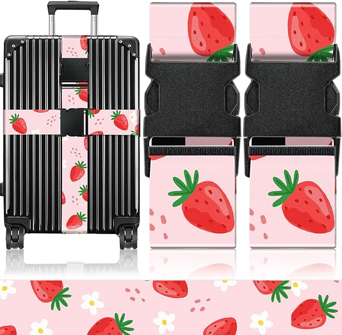 Slohif Luggage Straps for Suitcases Travel Belt Accessories Luggage Connector Identifiers 2 Pack Over Handle with Buckle Unique Nylon Adjustable Strap for Sleeping Bag Car Seat Lovely Strawberry