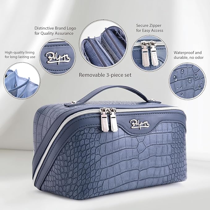 BOYATU Travel Makeup Bag Cosmetic Bags for Women: 3 Pcs Set Large Capacity Make up Bag with Handle - Crocodile Pattern Vegan Leather Toiletry Bags Travel Essentials with Compartments(E-3-Blue)