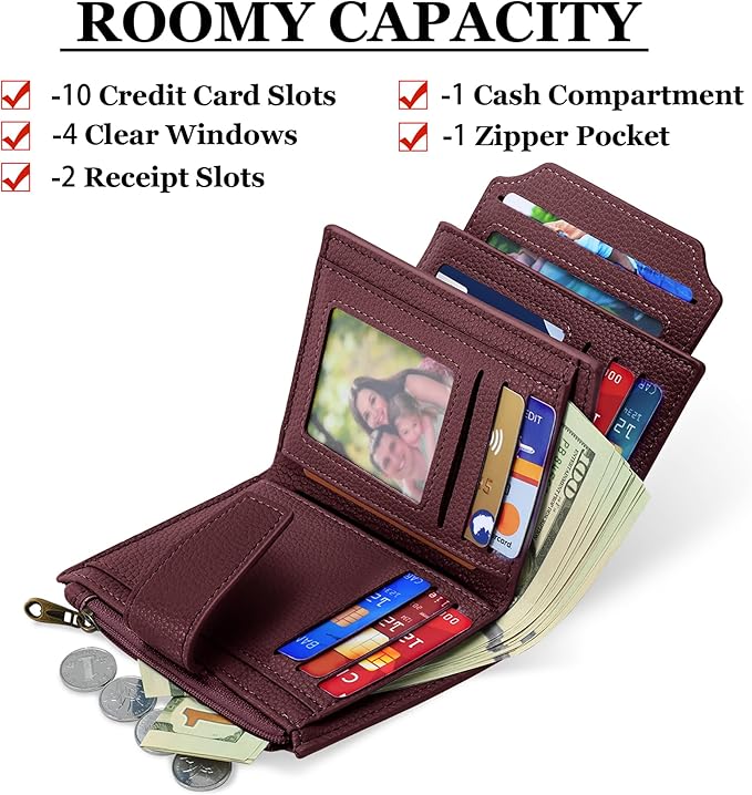 Airkit Small Wallet Women RFID Blocking Soft Leather Bifold Compact Card Holder Wallet for Women with Zipper Coin Pocket 4 ID Window