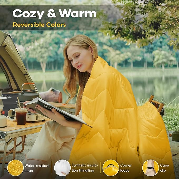 UNIKOME Waterproof Puffy Camping Blanket - Lightweight Packable Outdoor Quilt with Corner Loops, Warm Compact Blanket for Cold Weather Hiking Picnic Stadium Travel, 75"×52", Yellow