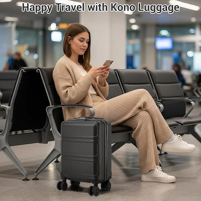 Kono 15'' Underseat Carry On Luggage Airline Approved, Anti-Scratch PC+ABS Hardshell Carry on Suitcase with Smooth Spinner Wheel, Lightweight Overnight Carry on for Short Travel, Black