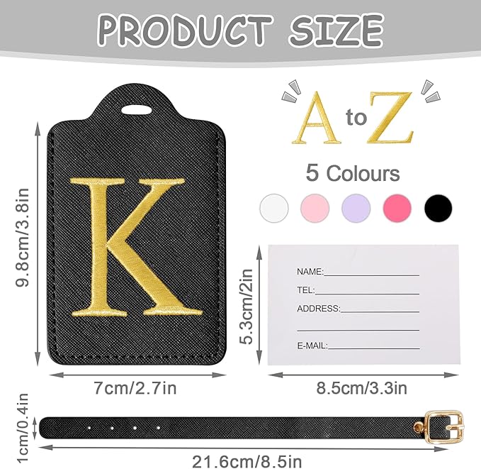Personalized Initial Luggage Tags for Suitcases, Cute PU Leather Embroidered Letter Travel Luggage Tags, Suitcase Identifier Name Baggage Tag, Bag Tags for Men Women Kids Luggage Handbags(Black K)