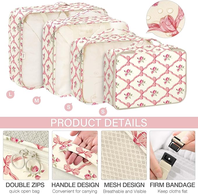 KPX 8 Set Packing Cubes for Travel, Luggage Packing Organizers Accessories Large Toiletries Bag for Clothes Shoes Cosmetics (8Set-Flower & Bow)