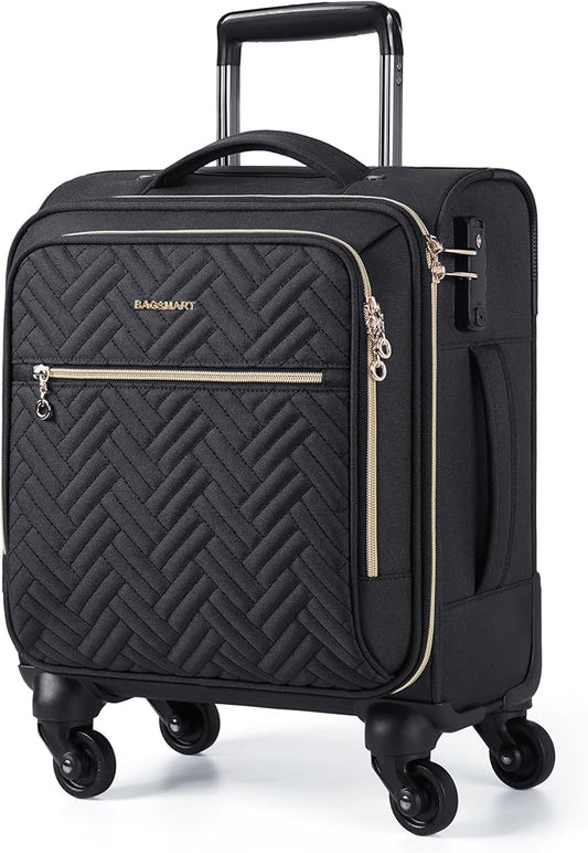 BAGSMART Underseat Carry On luggage Airline approved, 16-inch Softside Underseater Travel Suitcase with Spinner Wheels Lightweight Overnight Bag Small Rolling Carry-on for Women Men Weekender,Black