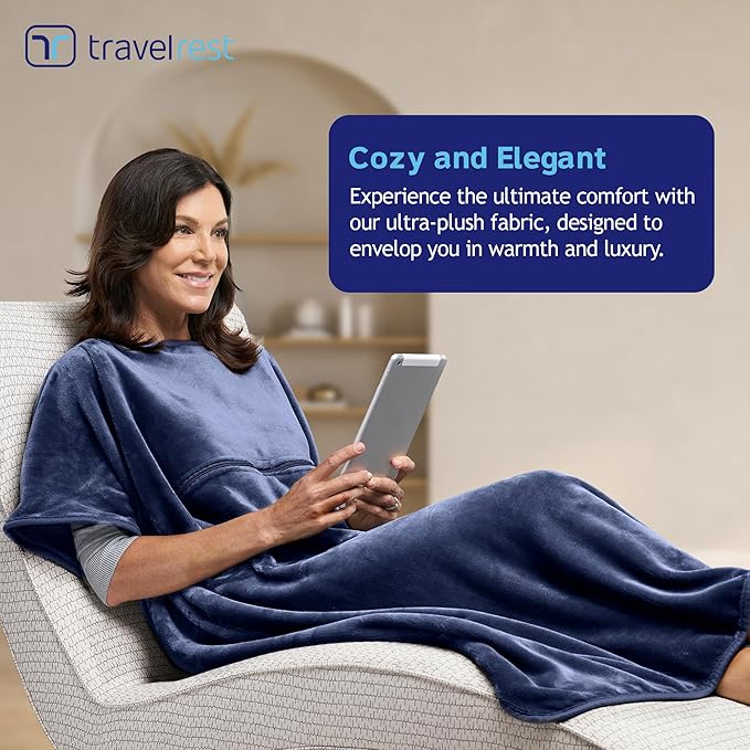 TRAVELREST 4-in-1 Travel Blanket – Wearable Blanket, Pillow & Body Wrap, Lightweight, Compact & Cozy with Carry Case, Travel Friendly, Comfort, Ideal for Airplanes, Long Flights, Road Trips - Blue
