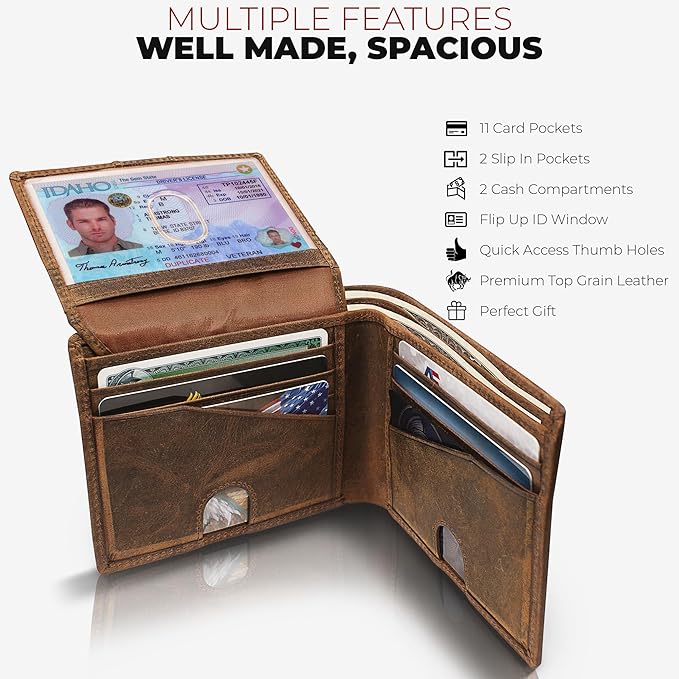 BULL GUARD Vintage Crazy Horse Leather Wallet for Men RFID Blocking Bifold Secure & Durable Extra Capacity with 11 Credit Cards Slots, Flip Up ID, Tight Stitching, Quick Thumb Push Access, Gift Boxed