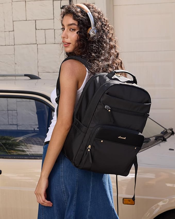 LOVEVOOK Laptop Backpack for Women with Leather Trim & Tumbler Pockets, 15.6" Work Backpack Purse, Travel Personal Item Bag, Carry On Business Computer Bag for Office, School, or Gift, Black
