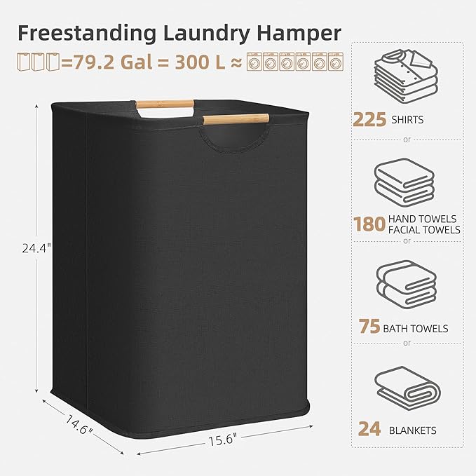 STORAGE MANIAC 3-Pack Large Laundry Hamper, 100L (26.4 Gal) Collapsible Laundry Basket with Bamboo Handles, Freestanding Waterproof Clothes Hamper for Laundry Room, Bedroom, Dorm, Towels, Toys, Black