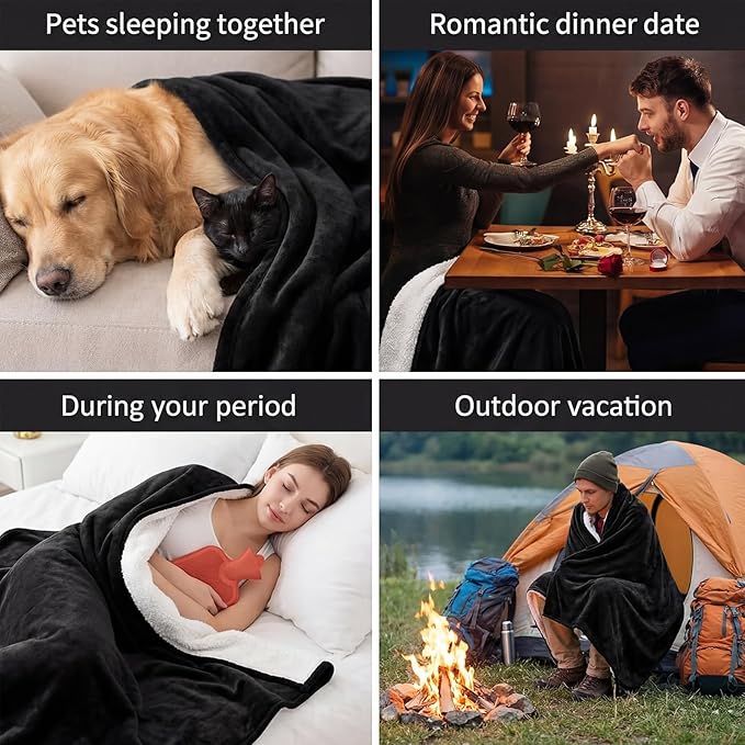 Waterproof Blanket and Stain Proof, Queen Size 80'' x 60'' Double Side Leakproof Reversible Sherpa Flannel Fleece 3 Layer Lightweight Black Blanket, Absorbs 50oz