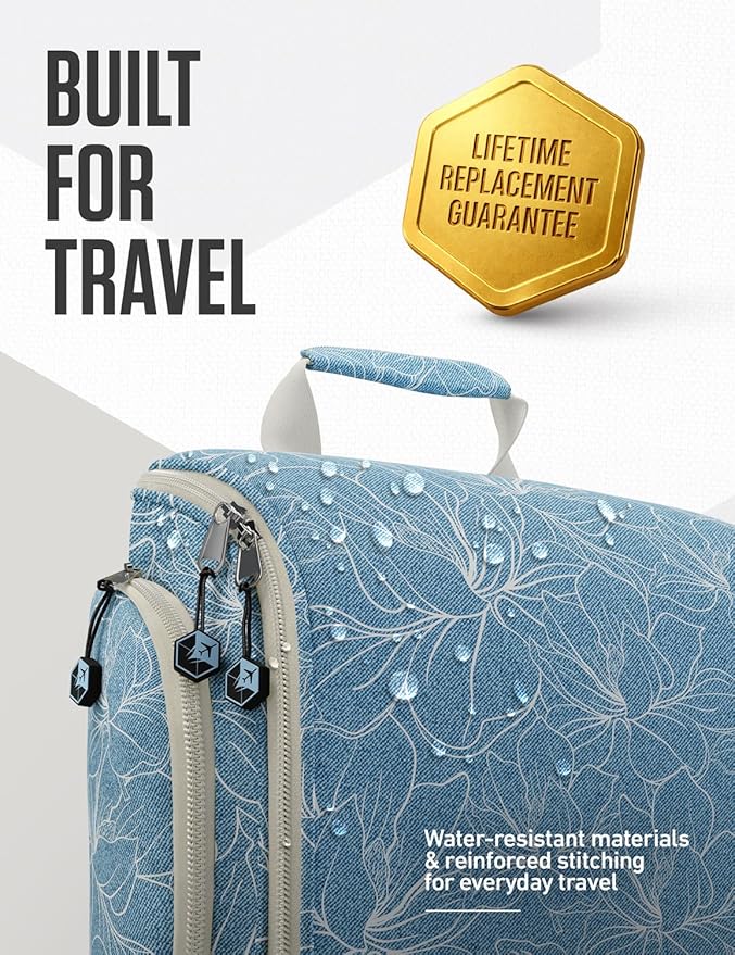 VENTURE 4TH Hanging Travel Toiletry Bag for Women & Men – Large Toiletry Organizer with 17 Compartments, Removable TSA Pouch, Travel Wash Bag for Toiletries, Makeup & Shaving Kit (Blue Flowers)