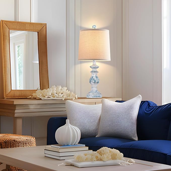 Traditional Table Lamp Set of 2, Rustic Farmhouse Table Lamps for Living Room Bedroom, 22" Bedside Desk Lamps Vintage Nightstand Lamps with Linen Shades, Washed Blue