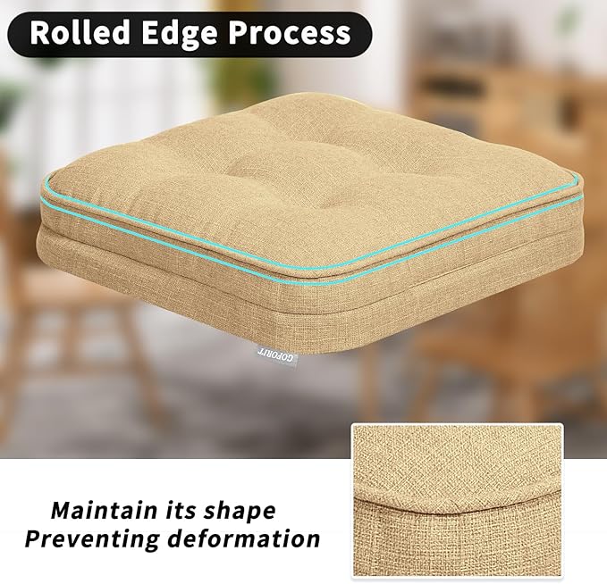 GOFORIT Memory Foam Cushion，Square Seat Cushions for Dining Chairs,Non-Slip Chair Pads with Removable Cover, 16'' x 16'', Khaki