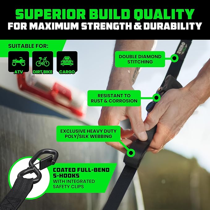 Rhino USA Ratchet Straps Tie Downs (4-Pack) - 1 Inch x 15 Feet (1,823lb Break Strength) - Ultimate Tie Down Straps with Safety S Hooks - for Trucks, Cargo, Moving, Appliances - Black