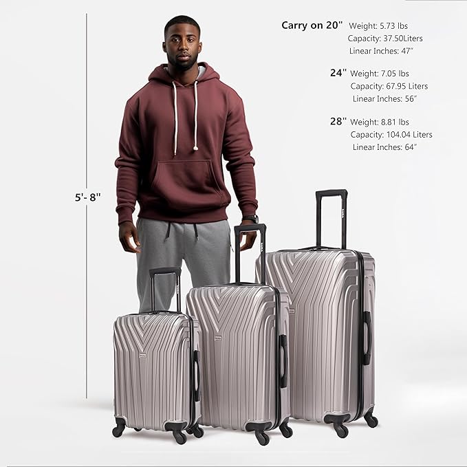 InUSA VASTY Luggage with Spinner Wheels | Durable Lightweight Hardshell SuitcaseTravel Sets with Handle and Trolley | (20in 24in 28in) 3 Piece Luggage Set | Grey