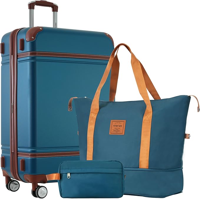 Merax 28 Inch Checked Luggage, Expandable Suitcase with Spinner Wheels, Hard Shell Vintage Luggage Set with TSA Lock(Blue)