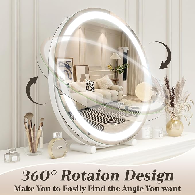 ROLOVE 18 Inch Makeup Mirror with Lights, Large Round Vanity Mirror for Tabletop Desk, Smart Touch Dimmable LED, 360° Rotation, White, Gifts for Women, Wife, Mom, Girls